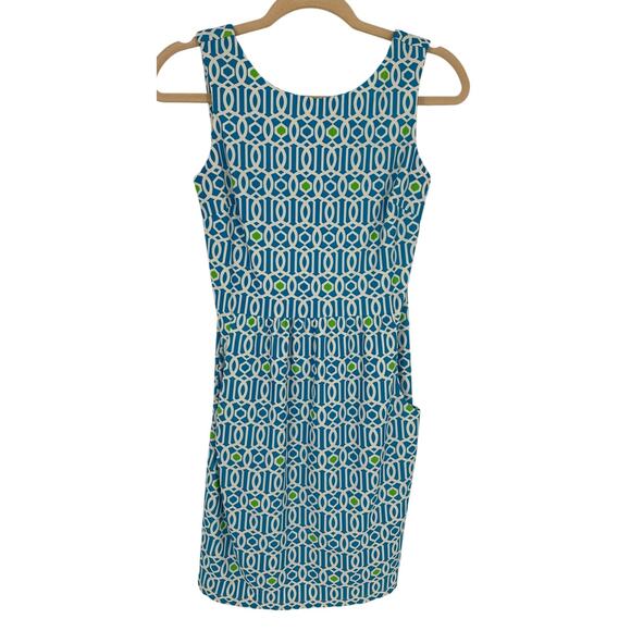 Jude Connally Sheath Knee Length Dress Blue Green White Geometric Print Vacay XS